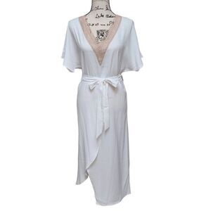 🤍 NWT Elegant Crochet Detail Waist Tie White Midi Dress with Belt SIZE M